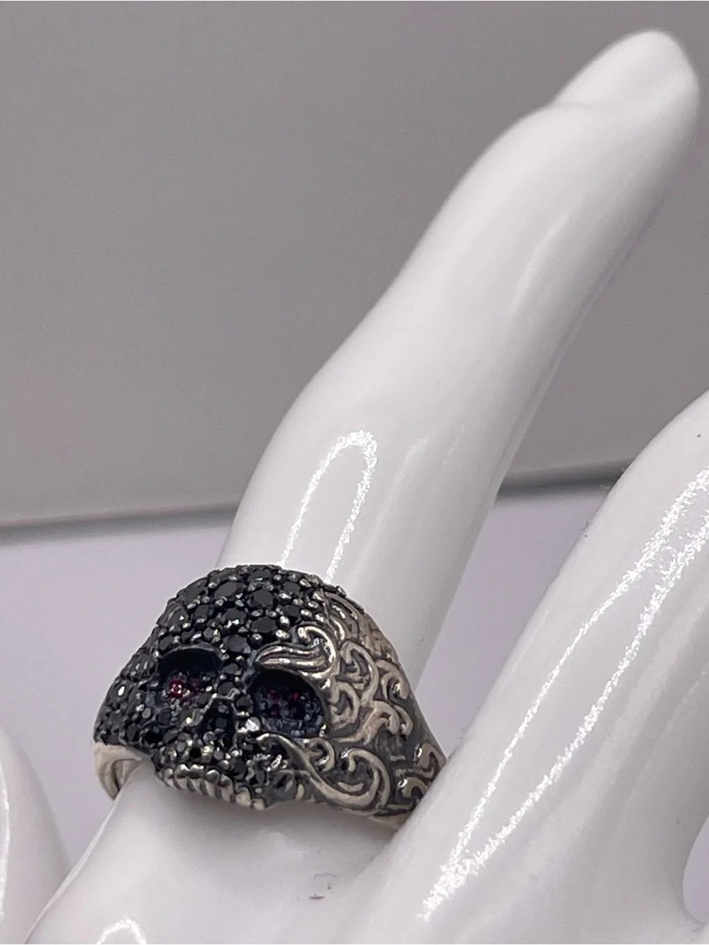 David Yurman Sterling Silver Skull Ring with Black Diamonds and Rubies